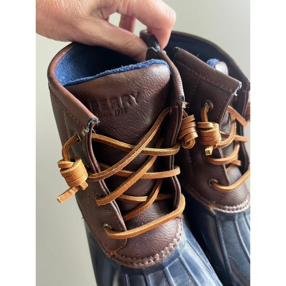 Sperry Saltwater Duck Boots Navy Brown Side Zip Womens 5 / 37 Rain Snow Gorpcore